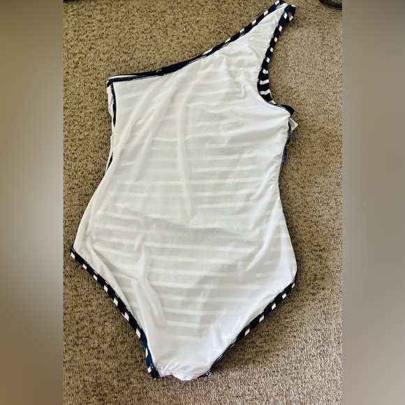 Michael Kors White and Navy Blue One Piece Swimsuit with Gold Brand Hardware - Picture 5 of 8
